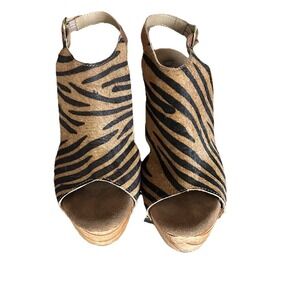 Diba Zebra Platform Wooden Wedges Leather Slingbacks Dyed‎ Cow Fur 8.5 Boho Y2K